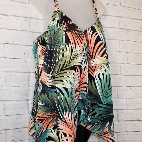 Swim Solutions Slimming Green Tropical Palm One Piece Swim Dress Plus Size 22W - Picture 2 of 6